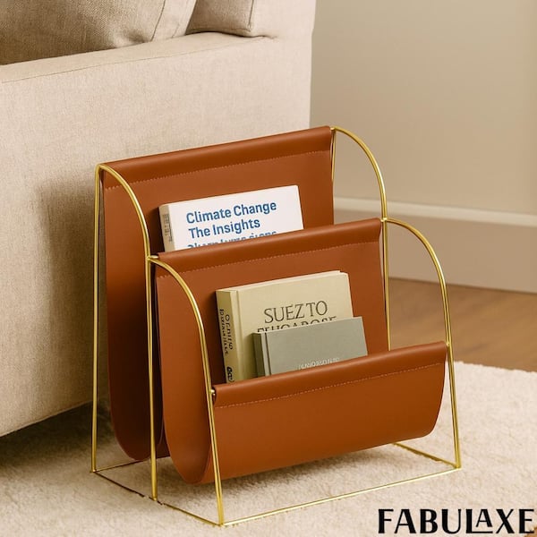 FABULAXE Contemporary Gold-Tone Metal Magazine Holder with Two