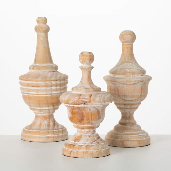SULLIVANS 11.75 in., 10.5 in. And 9.5 in. White Washed Wood Finial Set of 3