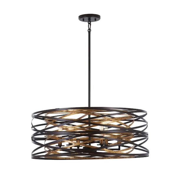 Vortic Flow 6-Light Dark Bronze with Mosaic Gold Interior Pendant