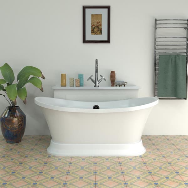 Streamline 60 in. Acrylic Flatbottom Non-Whirlpool Bathtub in Glossy White With Brushed Gun Metal Drain and Overflow Cover