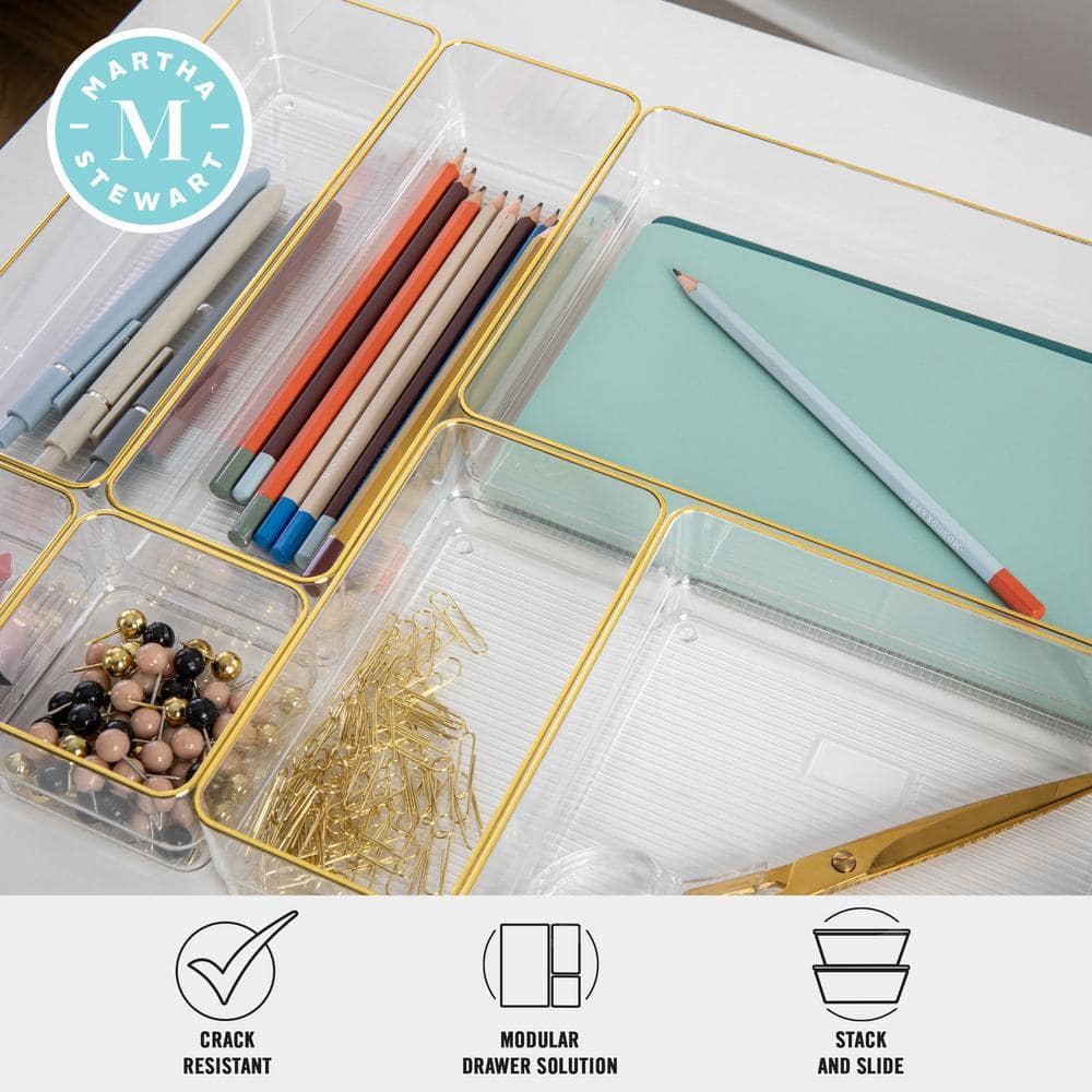 Martha Stewart Clear Plastic Stackable Desk Drawer Organizers with Gold Trim, Set of 8