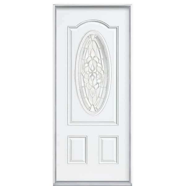 Masonite 36 in. x 80 in. Oakville Deco 3/4 Oval Lite Left Hand Inswing Primed Steel Prehung Front Exterior Door with Brickmold