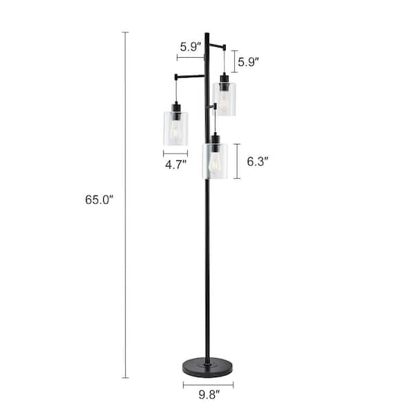 Merra 65 in. Black Industrial Floor Lamp with Hanging Glass Shades