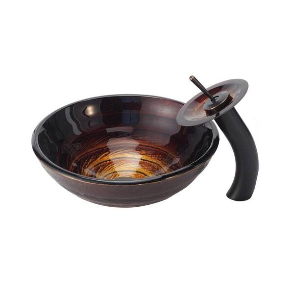 KRAUS Iris Glass Vessel Sink in Brown with Waterfall Faucet in Oil Rubbed Bronze