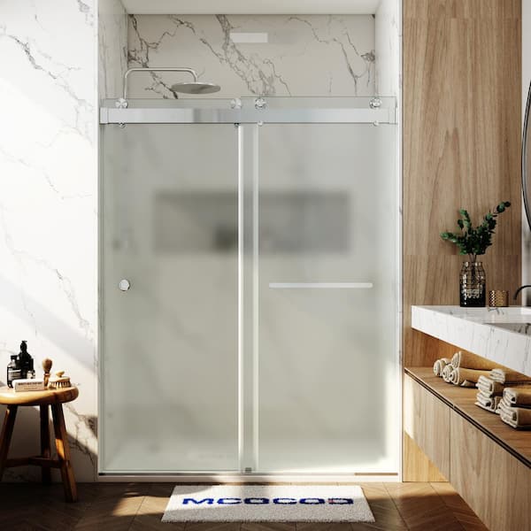 MCOCOD 56-60.75 in. W x 76 in. H Double Sliding Frameless Soft Close Shower Door in Brushed Nickel with 3/8 in. Frosted Glass