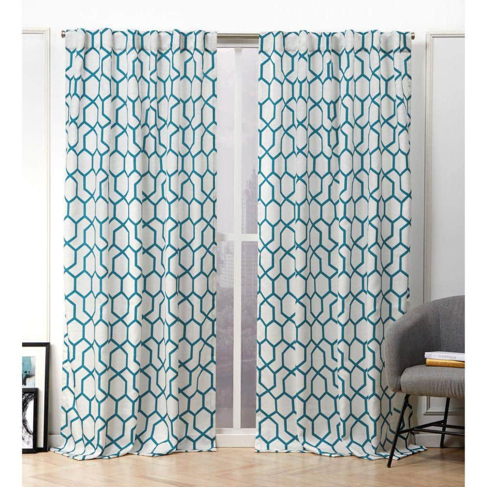 NICOLE MILLER NEW YORK Hexa Teal Geometric Light Filtering Hidden Tab / Rod  Pocket Curtain, 54 in. W x 84 in. L (Set of 2) EN7011-06 2-84H - The Home 