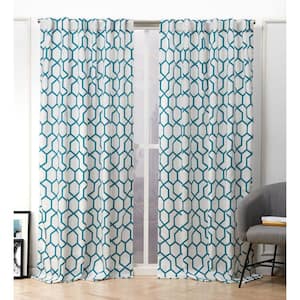 Hexa Teal Geometric Light Filtering Hidden Tab / Rod Pocket Curtain, 54 in. W x 84 in. L (Set of 2)