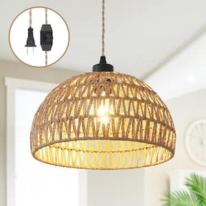 Derica 1-Light Brown Plug-In Woven Rattan Dome Boho Pendant Light with Hand-Woven Rattan Shade with 14.76 ft. Cord