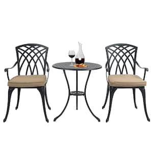 Black 3-Piece Aluminum Outdoor Bistro Set with Natural Oat Cushions