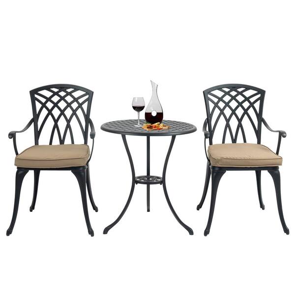 Thanaddo Black 3-Piece Aluminum Outdoor Bistro Set with Natural Oat Cushions
