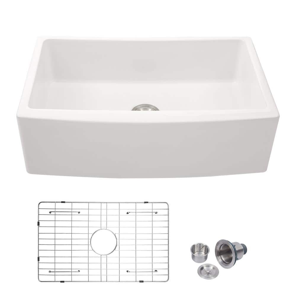 30'' Glossy White Ceramic Farmhouse Apron-Front Single Bowl Kitchen Sink
