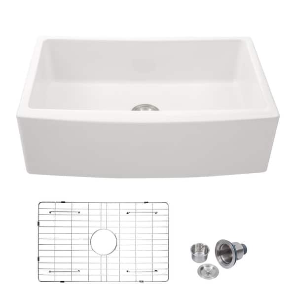 Logmey 30 in. L x 21 in. W Rectangular Farmhouse/Apron Front Single Bowl White Ceramic Kitchen Sink with Grid and Strainer