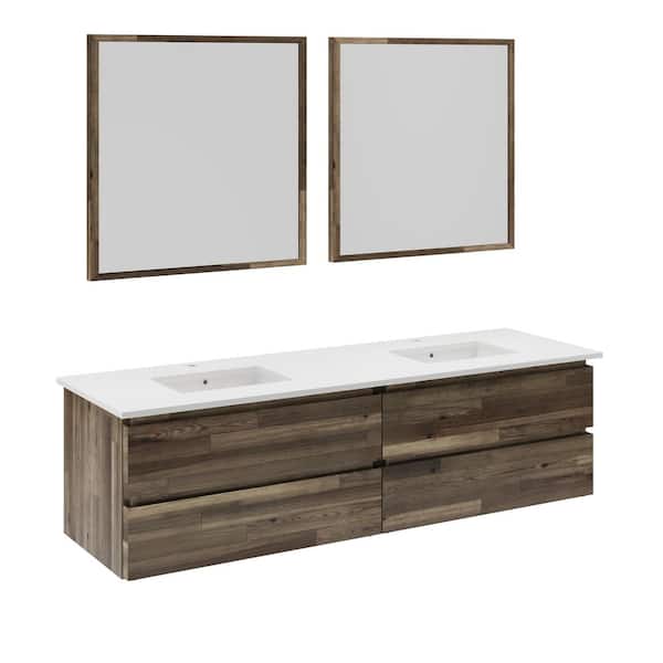 Fresca Formosa 72 in. Double Sink Wall Mount Floating Acacia Bath Vanity with White Quartz Top, Ceramic Sinks and Mirrors