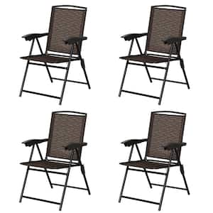 Black Folding Armrest Adjustable Back Metal Outdoor Dining Chair in Brown (Set of 4)