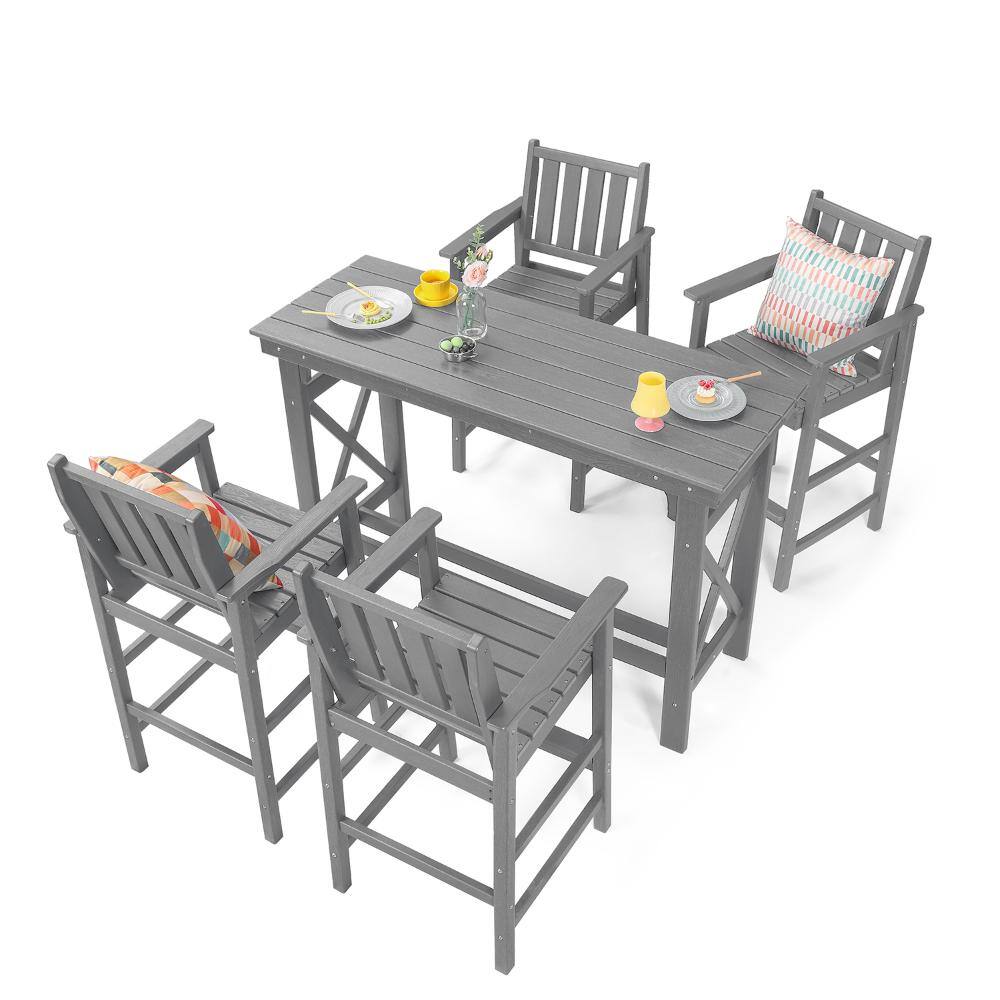 5-Piece HDPE Bar Table Set, All-Weather Outdoor Bar Set with 4 Adirondack Stools & Rectangular Table, Gray price history on PriceWatchPro