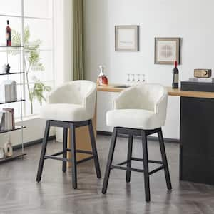 33.25 in. Beige Fabric Upholstered and Rubberwood Swivel Barstool, Black, (Set of 2)