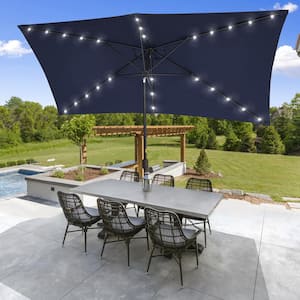 Solar LED 10 ft. x 6.5 ft. Aluminum Patio Rectangle Market Umbrella in Navy Blue with Push-Button Tilt