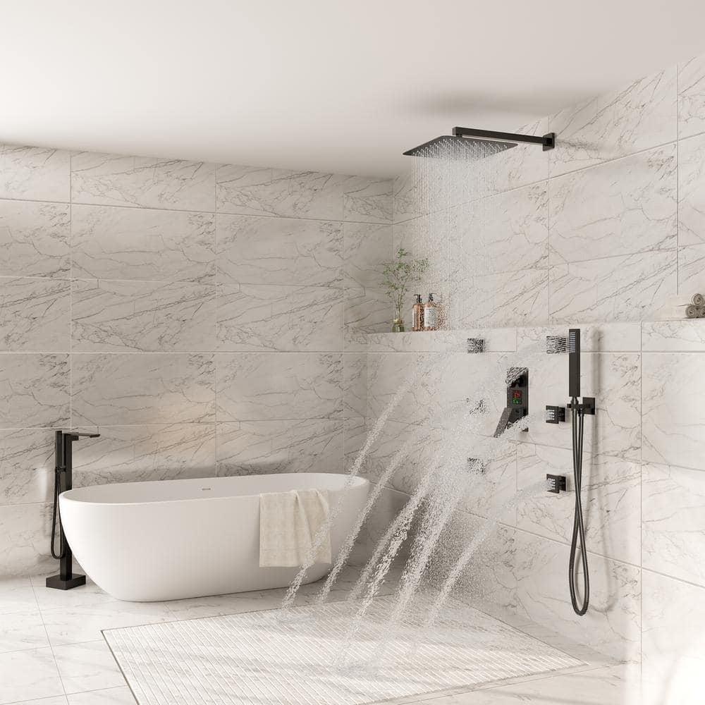 Matte Black 12" Dual Square Wall Mounted Shower System with Body Jets