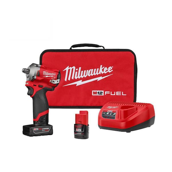 Milwaukee M12 FUEL 12V Lithium-Ion Brushless Cordless Stubby 1/2 in. Impact Wrench Kit with One 4.0 and One 2.0Ah Batteries
