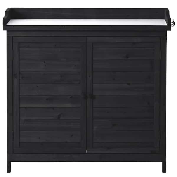 Siavonce Potting Bench Table, Rustic Garden Wood Workstation Storage Cabinet Garden Shed with 2-Tier Shelves and Side Hook, Black