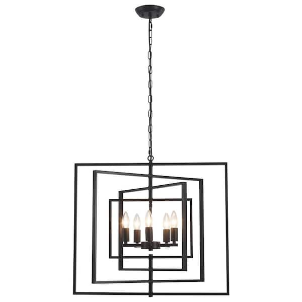 5-Light Black Frame Industrial Chandelier, Sloped Ceiling Adaptable Pendant Light for Kitchen Island