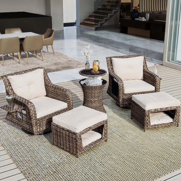 Zeus & Ruta 5-Piece Wicker Outdoor Conversation Set with Ottomans and Beige Cushions for Backyard, Porch, Balcony
