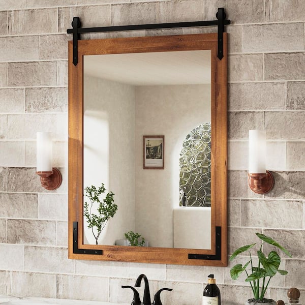 24 in. W x 36 in. H Rectangular Barn Door Brown Mirrors Wood Framed Mirror Farmhouse Bathroom Vanity Mirror