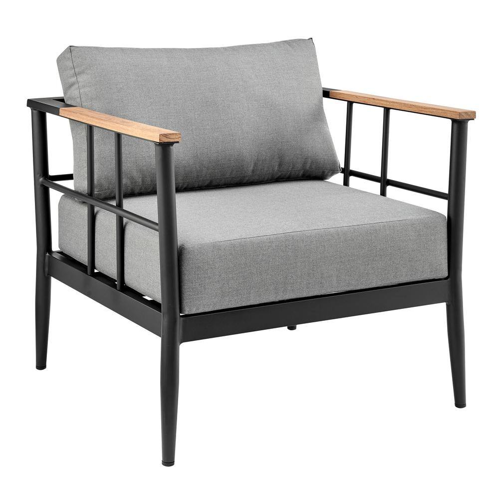 Veyda Black Aluminum and Teak Outdoor Chair with Dark Gray Cushions