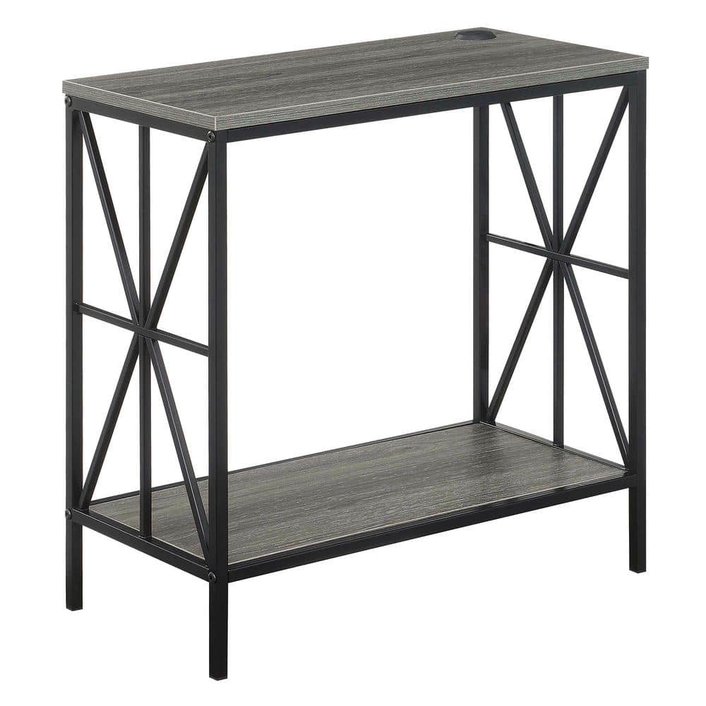Weathered Gray and Black Metal End Table with USB Charging Station