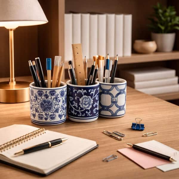Blue/White 3.75 in. x 3.75 in. Ceramic Chinoiserie Pencil Cup (Set of 3)