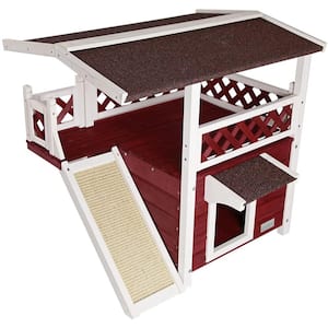 Red Cat House for Outdoor Cats Weatherproof with Scratching Pad and Escape Door
