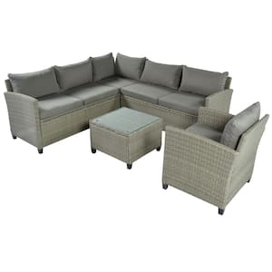 Wicker Outdoor Sectional Set with Grey Cushions