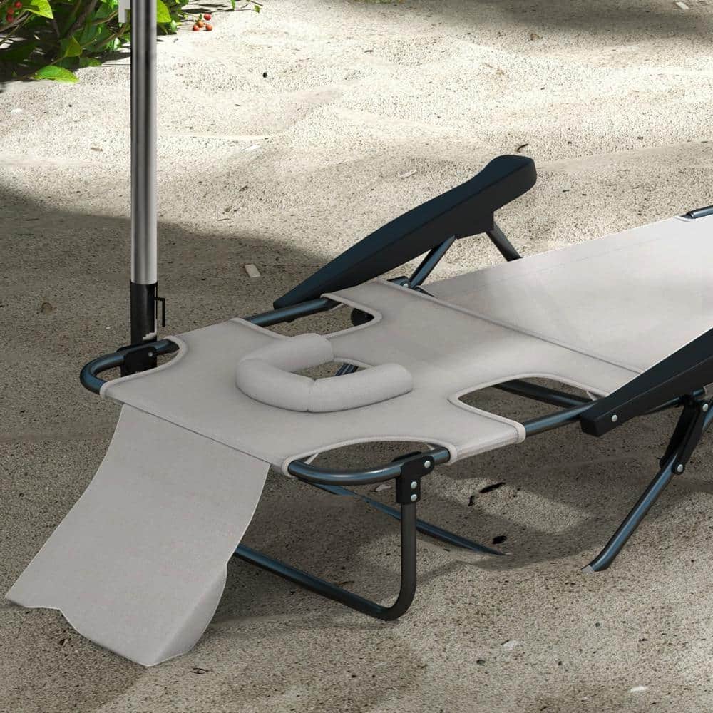 Cream White Mesh Fabric Reclining Outdoor Chaise Lounge Chair with Arms