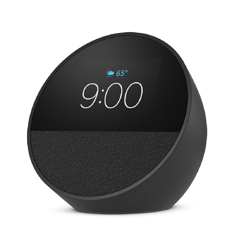 Black Echo Spot-Smart Alarm Clock with Alexa, Smart Speaker with Compact De