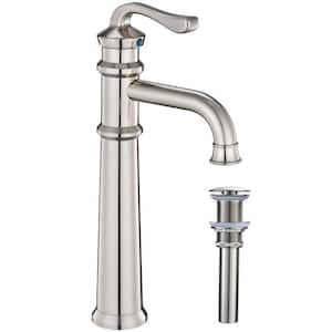 Single Hole Single-Handle Vessel Bathroom Faucet with Pop-up Drain Assembly in Brushed Nickel