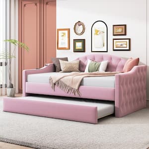 Pink Velvet Twin Size Tufted Upholstered Daybed with Trundle, USB, and Type-C Charging Ports