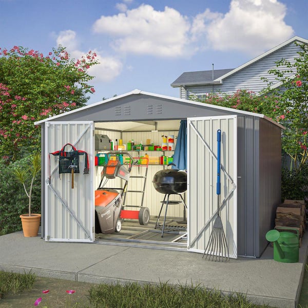 10 ft. W x 8 ft. D Grey Metal Storage Shed with Lockable Double