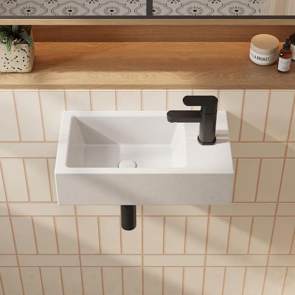 Right Hand White Ceramic Wall-Mounted Rectangle Vessel Sink Porcelain