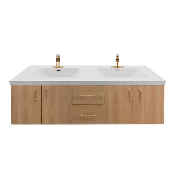 60 in. W x 19 in. D x 20. 5 in. H Double Sink Floating Natural Wood Bath Vanity with White Resin Integral Top Assembled