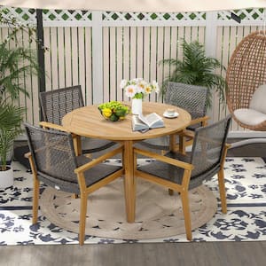 Outdoor Rattan Chair Set of 4 Patio PE Wicker Dining Chairs w/Sturdy Acacia Wood Frame