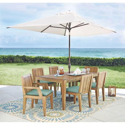 Bermuda 7-Piece All-Weather Eucalyptus Wood Outdoor Patio Dining Set with Fabric Spa Blue Cushions