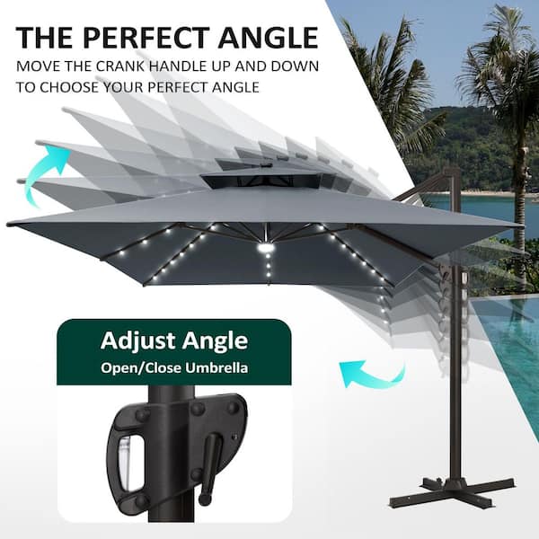2-Tier 13.5 ft. x 10 ft. Rectangular 360° Rotation Solar LED Cantilever Patio Umbrella in Dark Gray and 350 lbs. Base