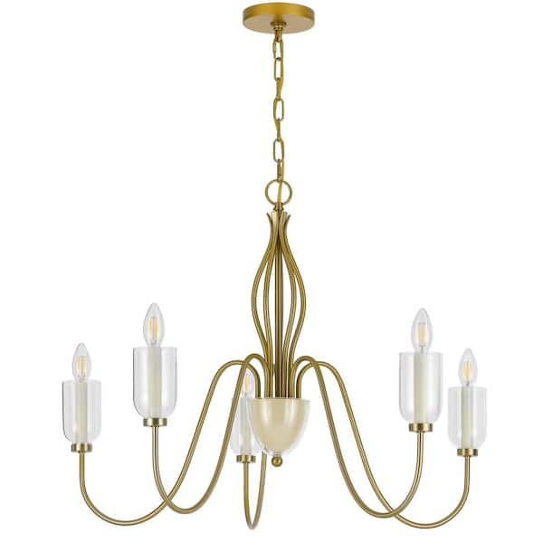 60-Watt 5-Light Antique Brass Metal Chandelier with Glass Shade