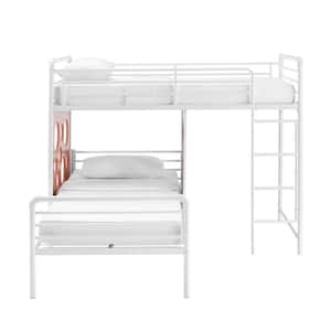 White/Terracotta Metal Twin L-Shaped Bunk Bed with Wood Circle Cut-Out Panels