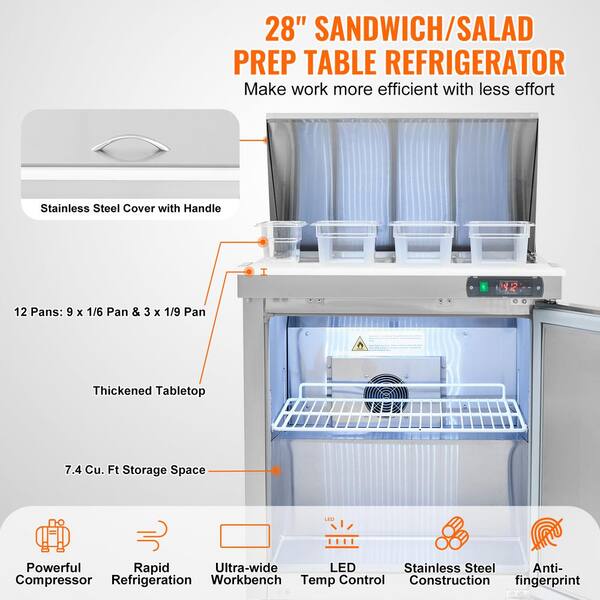 28 in. Commercial Refrigerator Sandwich and Salad Prep Table, 7.4 cu. ft. Stainless Steel, 12 Pans, Cut Board