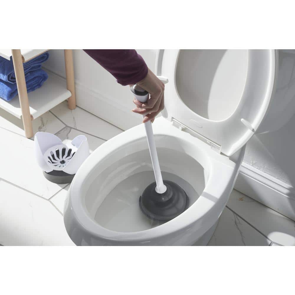 White Ergonomic Toilet Plunger with Hideaway Caddy