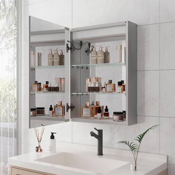 FUNKOL 20 in. W x 28 in. H Rectangular Frameless Silver Aluminum Surface Mount Medicine Cabinet with Mirror and LED