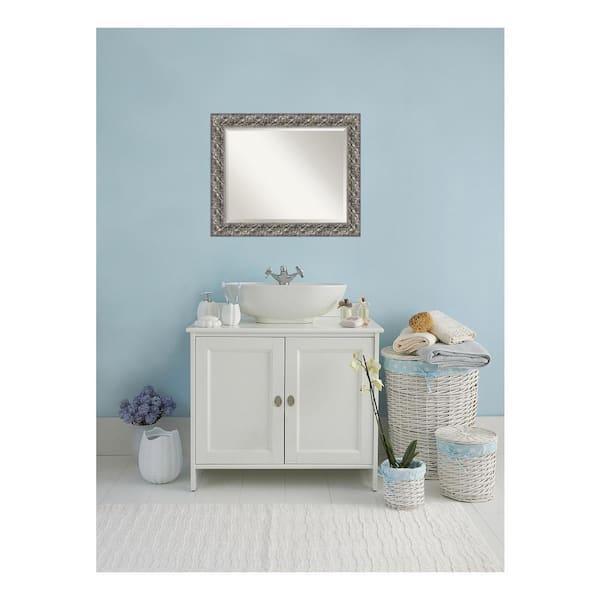 Silver Luxor 33.5 in. x 27.5 in. Beveled Rectangle Wood Framed Bathroom Wall Mirror in Silver