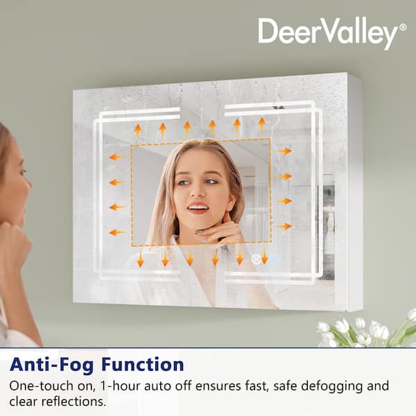 DEERVALLEY 36 in. W x 24 in. H Rectangular Silver Aluminum Surface LED Light Medicine Cabinet with Mirror, Defog, Bluetooth Speaker