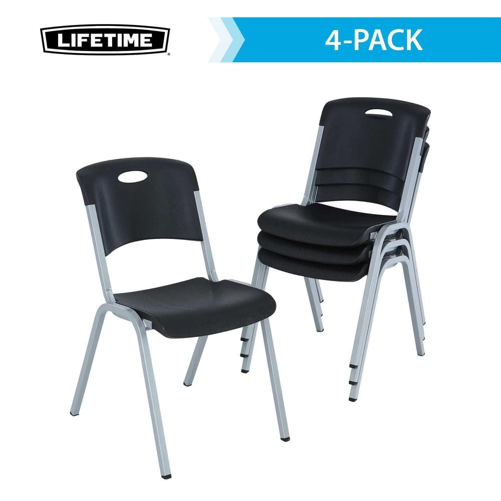 Modern Black and Silver Metal Plastic Utility Chairs, 4 Pack